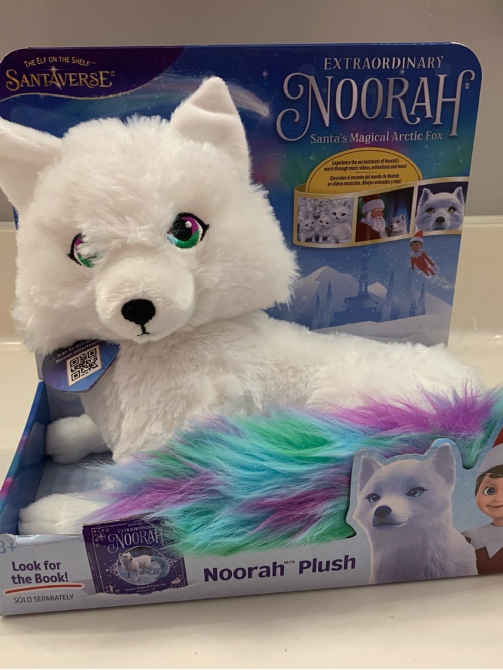 Noorah White Plush Arctic Fox with Rainbow Tail